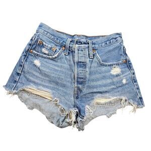 Levi’s 501 Shorts Womens Blue Denim High Rise Distressed Raw Hem Button Fly | 25
